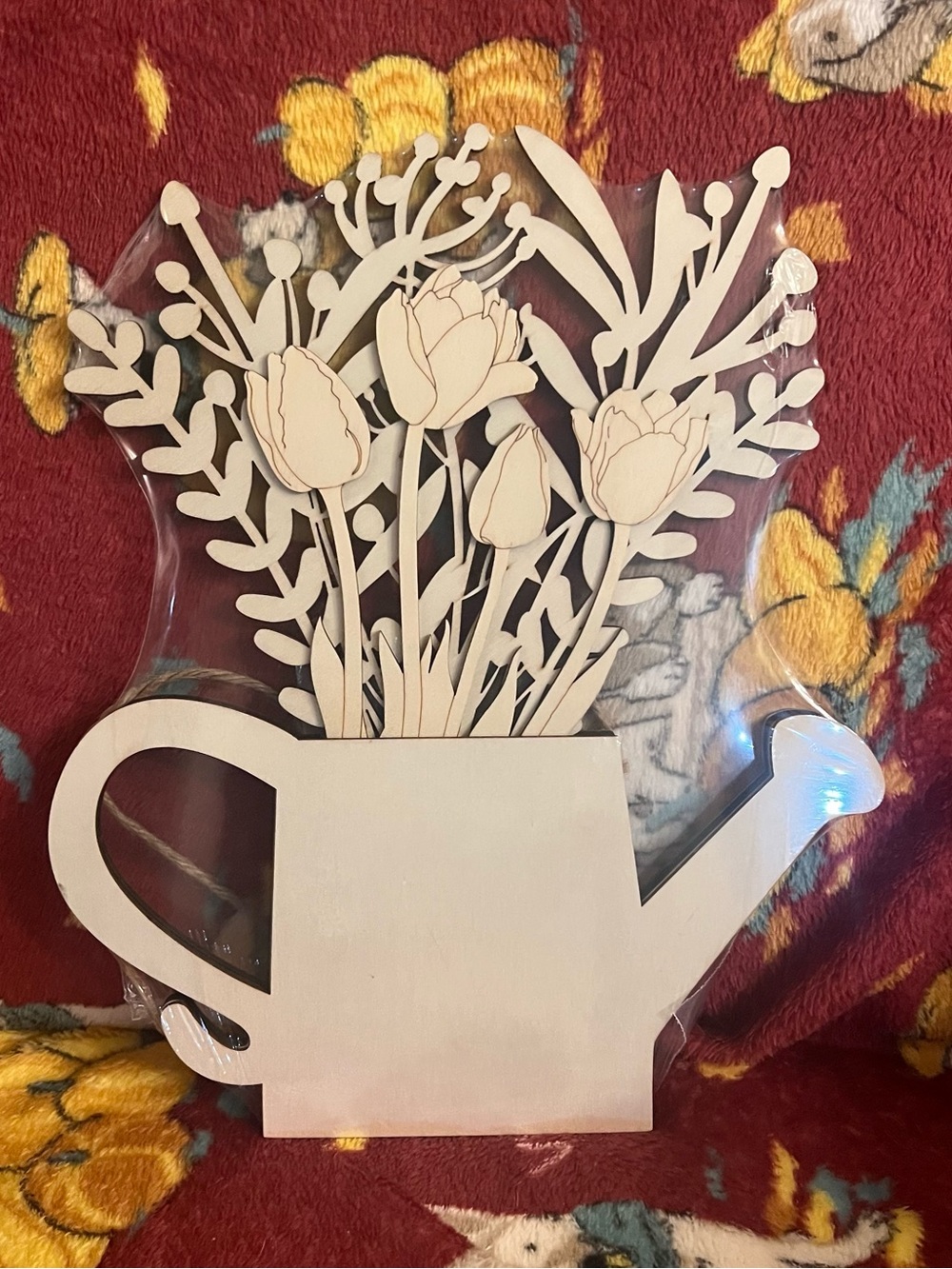 Wooden Watering Can with Floral Cutouts - Natural Wood